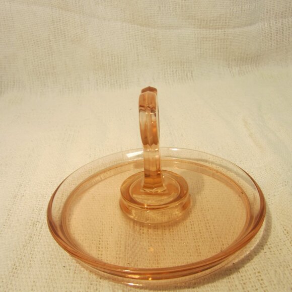 VTG PINK DEPRESSION GLASS TIDBIT TRAY WITH HEART HANDLE - Picture 3 of 5